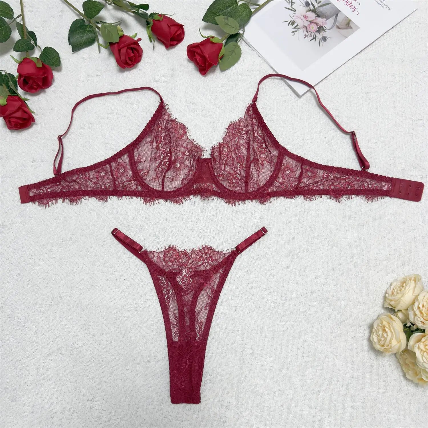 White Sheer Lace Lingerie Set Women Sexy Underwire Push-up Bra Thong Set Floral Pattern Thin Straps Romantic Elegant Underwear