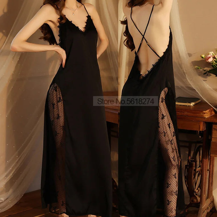 Women Backless Kimono Dressing Gown Sexy Perspective Nightgown Satin Sleepdress Lace Patchwork Nightwear Ultra Long Loungewear
