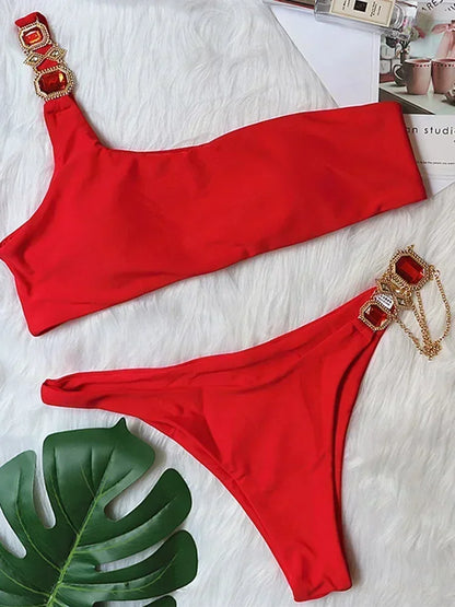 2025 Shiny Rhinestone Diamond Bikini Women Swimsuit Female Swimwear Two Pieces Bikini Set Halter Metal Chains Bathing Suit Swim