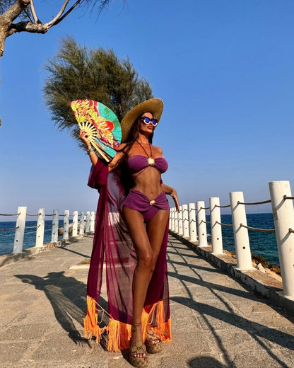 Women's Glamorous Purple Bikini Set with Gold Sunburst Accents 2Pc Biquini Swimsuits Lady Strappy Beachwear 2025 Holiday Clothes