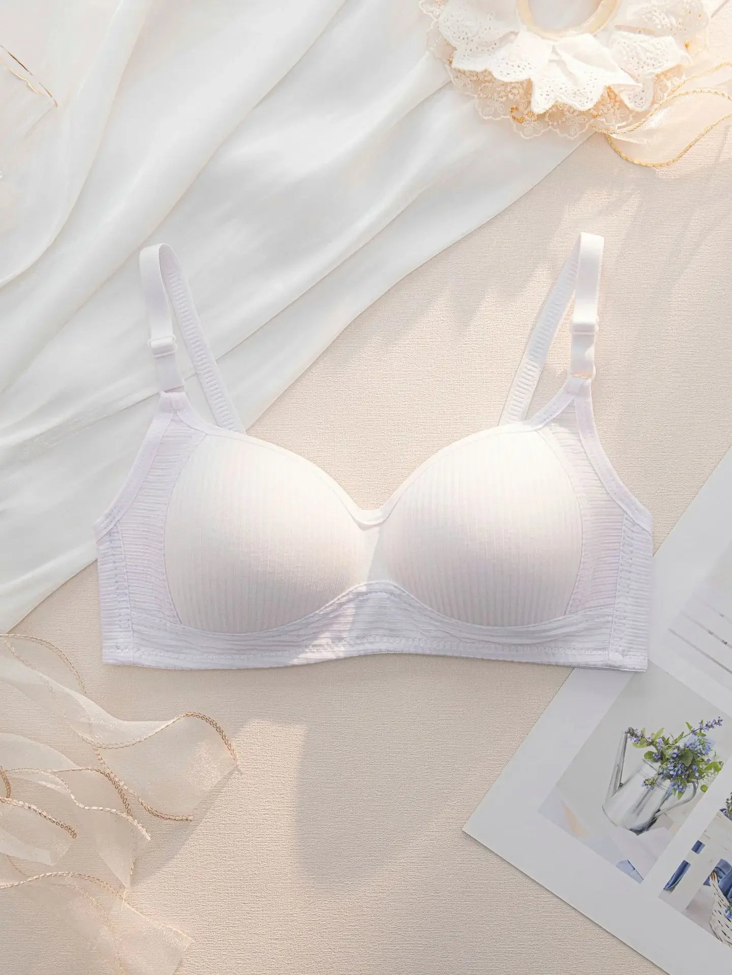 Full Cotton No Steel Ring Bra for Women Summer Breathable Light Color Plus Size Bras Girls Gathered Chest Lift Fashion Underwear