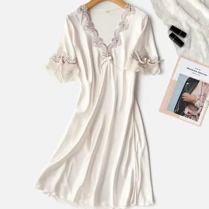 Female Long Nightdress Sexy Hollow Lace Sleepwear Home Dress Palace Style Princess Nightgown Nightwear Casual Satin Loungewear