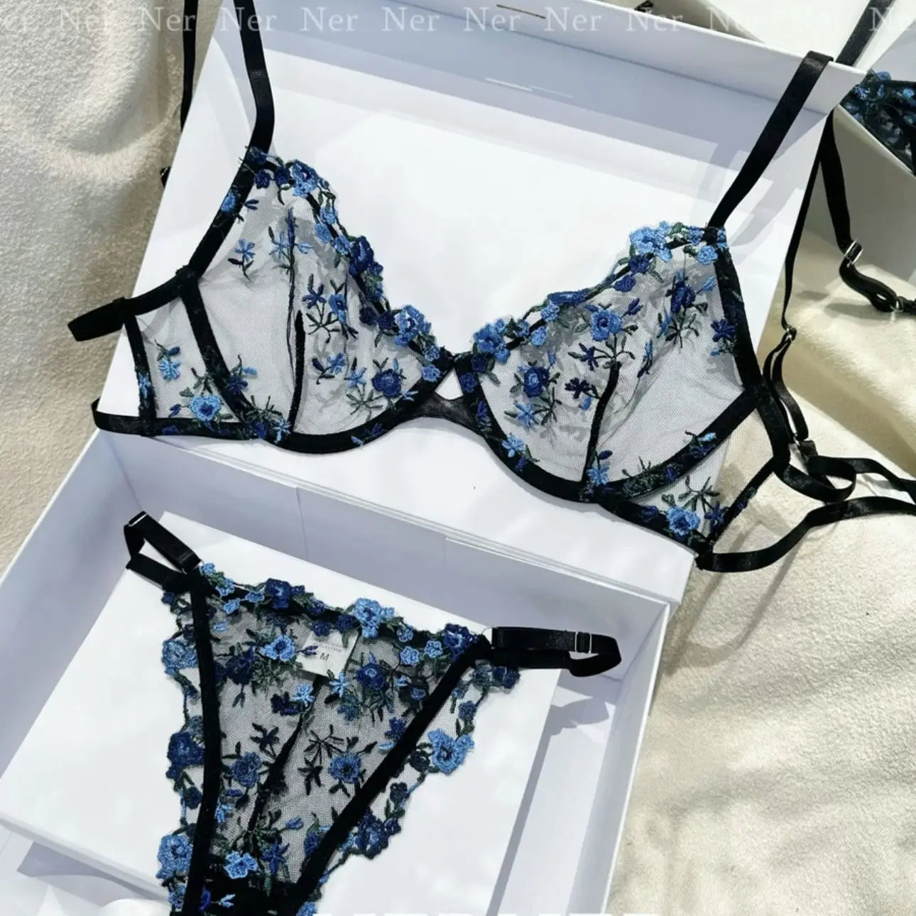 YUQI French Style Luxury Lingerie-Floral Embroidery Black Sheer Bra Set, Sensual Women's Intimates Elegant Transparent Underwear