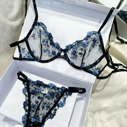 YUQI French Style Luxury Lingerie-Floral Embroidery Black Sheer Bra Set, Sensual Women's Intimates Elegant Transparent Underwear
