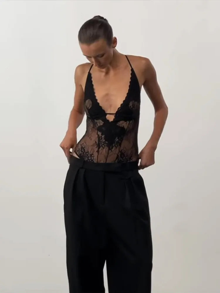 Sexy Lace Halter Bodysuits Women's Slim Sleeveless Waist-cinching Deep V-neck Suits 2026 New Ladies Spring Summer Solid Outwear