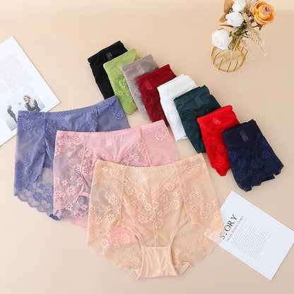 Women High Waist Plus Size Panties Sexy Lace Mesh Floral Transparent Briefs Fashion Underpants Lingerie  Seamless Underwear