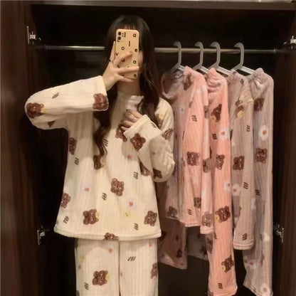 Thiened Long Sve Coral Fce Pajamas Women's Winter Home Clothes Set Cute Cartoon Print round Ne Spwear Set for Youth
