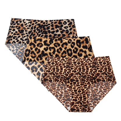 3pcs Women's Seamless Ice Silk Panties Female Mid Waist Plus Size Leopard Print Underwear Girls Fashion Brief Lady Comfort Panty