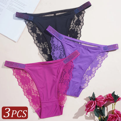 3PCS Sexy Women's Underwear Semi-transparent Hollow Out Lace Floral Panties Two Shiny Belts Underpants Female Briefs Lingerie
