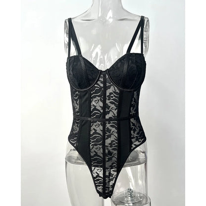 Sexy Lace Bodysuit for Women Bodies Elegant Women's Top 2025 New Summer Solid Bodycon Ribbed Bodysuits