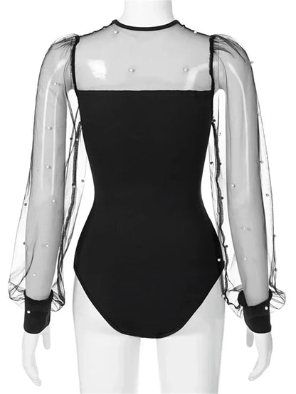 Women Pearl Mesh Puff Sleeve Bodysuit 2024 Fashion Long Sleeve Vintage Body Top Summer Fall Elegant Sexy Blouse Shirts Female