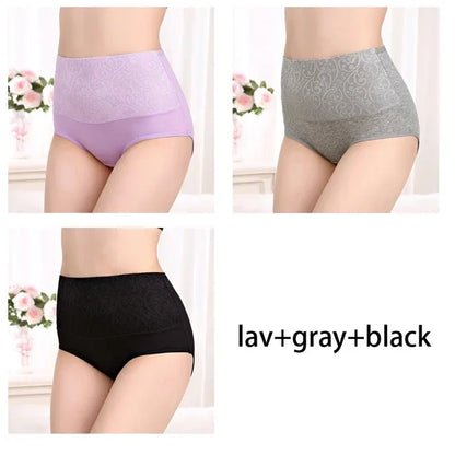 Plus Size Women's Cotton Underwear High Waisted Tummy Control Panties Full Coverage Briefs Jacquard Ladies Panty 3 Pack