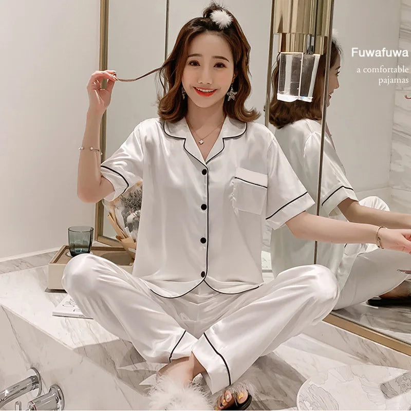 Womens Silk Satin Pajamas Pyjamas Set Long Sleeve Sleepwear Pijama Pajamas Suit Female Sleep Two Piece Set Loungewear Plus Size
