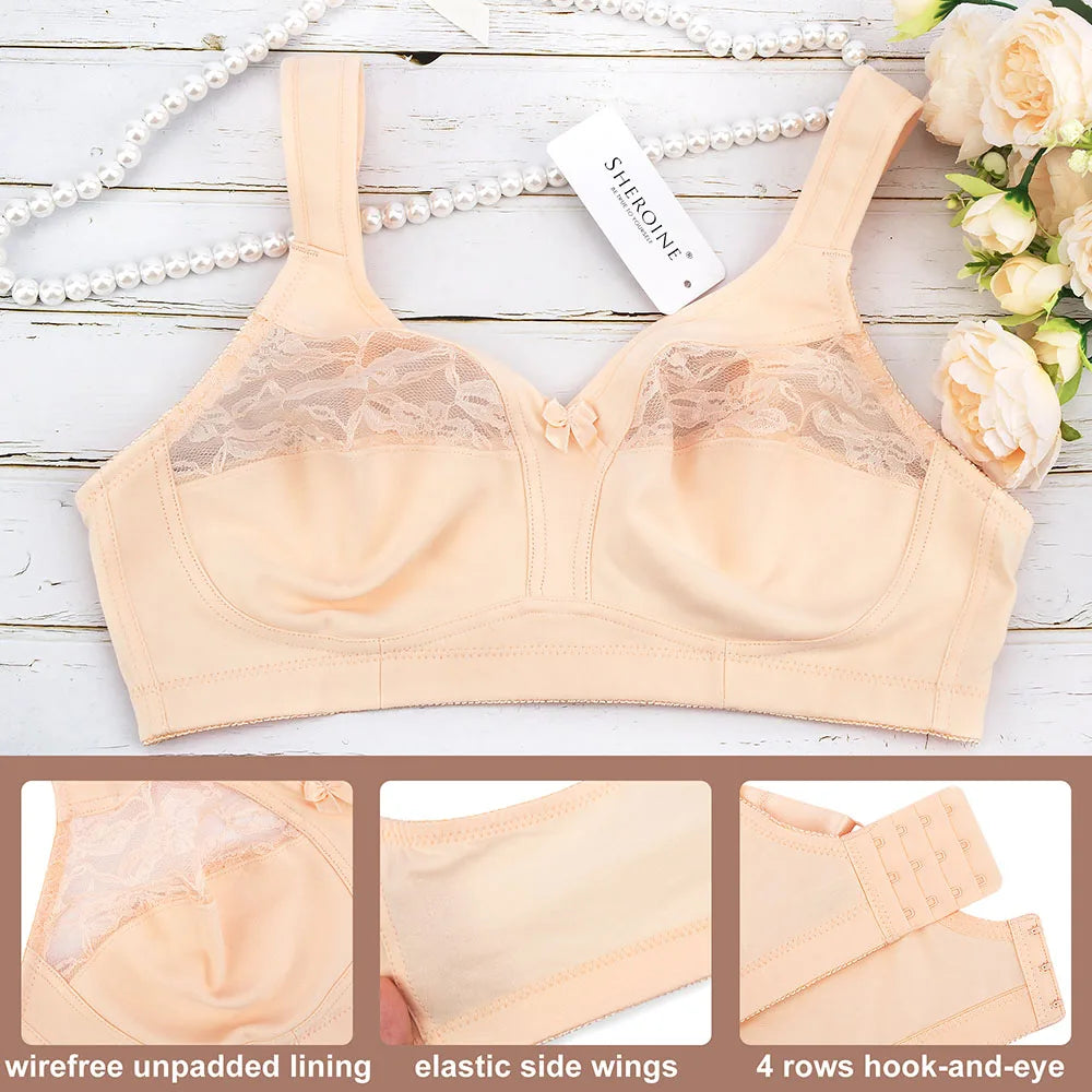 Sheroine Plus Size Wire-Free Cotton Bra Lace Floral Full Coverage Unpadded Ultrathin Soft Comfort Everyday Support for Women