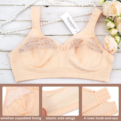 Sheroine Plus Size Wire-Free Cotton Bra Lace Floral Full Coverage Unpadded Ultrathin Soft Comfort Everyday Support for Women
