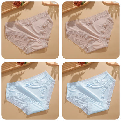 4Pcs Ice Silk Lace Panties Seamless Soild Underwear For Women Sexy Ultra-thin Breathable Briefs Girls Soft Transparent Lingerie