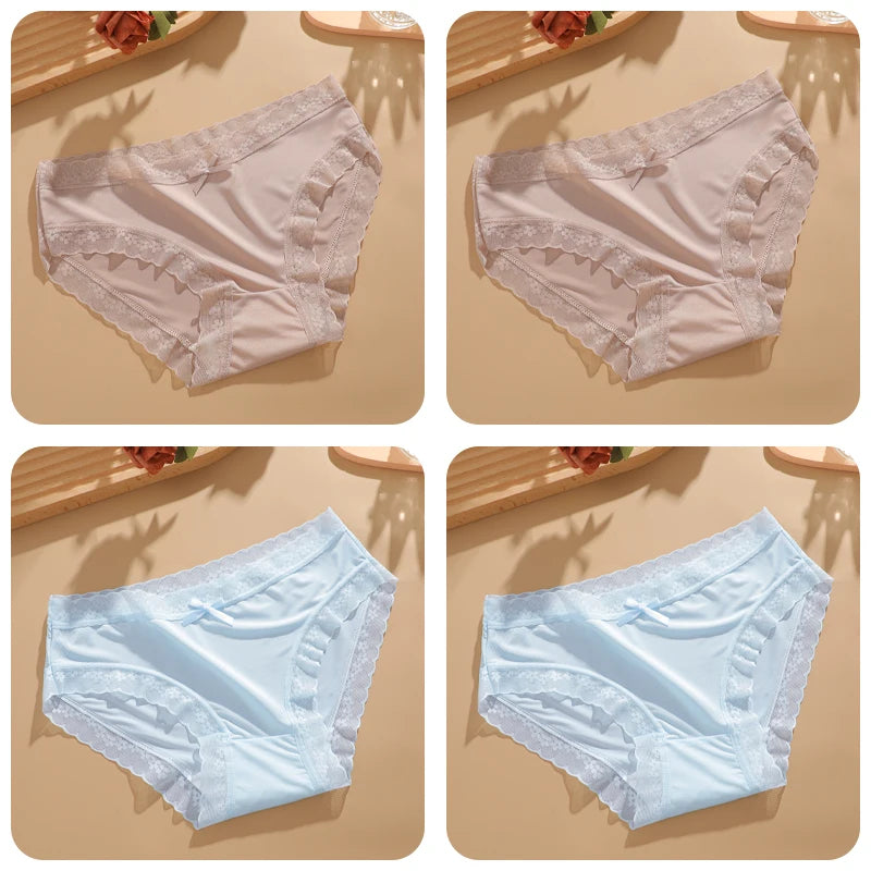 4Pcs Ice Silk Lace Panties Seamless Soild Underwear For Women Sexy Ultra-thin Breathable Briefs Girls Soft Transparent Lingerie