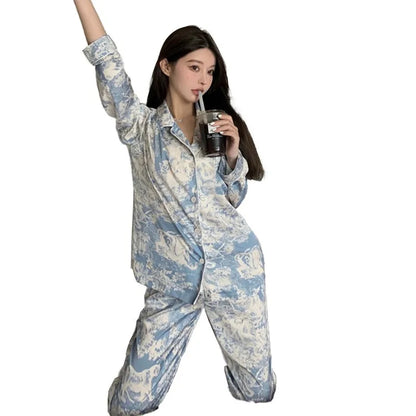 2023 Autumn New Ice Silk Women Pajama Lapel Button Cardigan Outfits for Women 2 Piece Set Fashion Printing Set Clothes for Women