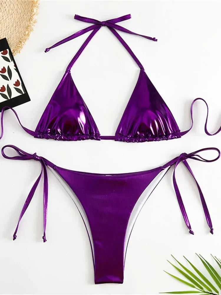 Sexy Brozing Gold Bikinis Sets Women Push Up Micro Bikini Swimsuit 2025 Brazilian Beach Bathing Suit Tie Side Triangle Swimwear