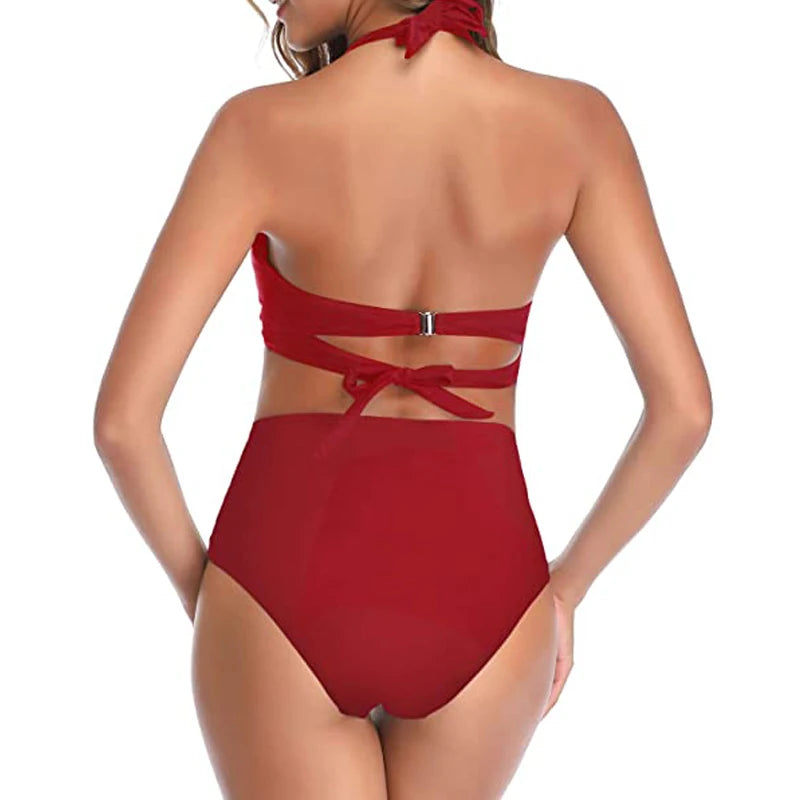 Sexy Two Pieces High Waist Bikini Sets Halter Solid Retro Ruched Printed Swimsuit Brazilian Swimwear Women 2025 Bathing Suits