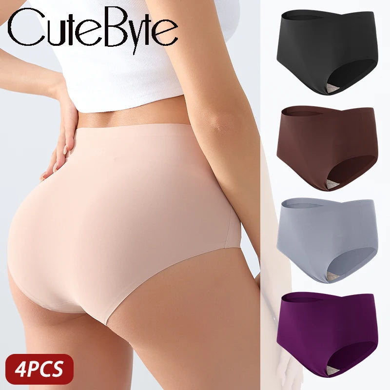 4PCS/SET Plus Size Underwear Women's Panties Ice Silk Solid Color Ladies Seamless Underpants High Waist Sexy Breathable Lingerie