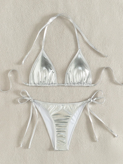 Sexy Triangle Push Up Bikini Metallic Brazilian Swimwear Women Golden Silver Side String Bikini Bathing Suit Beach Wear Biquini