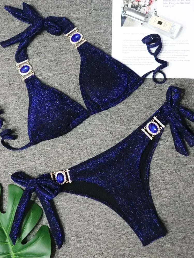 2025 Shiny Rhinestone Diamond Bikini Women Swimsuit Female Swimwear Two Pieces Bikini Set Halter Metal Chains Bathing Suit Swim