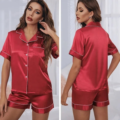 Spring Autumn Silk Pajamas Set for Women Casual Soft Nightwear Long Shirt Tops and Long Pants Cardigan Sleepwear Homewear