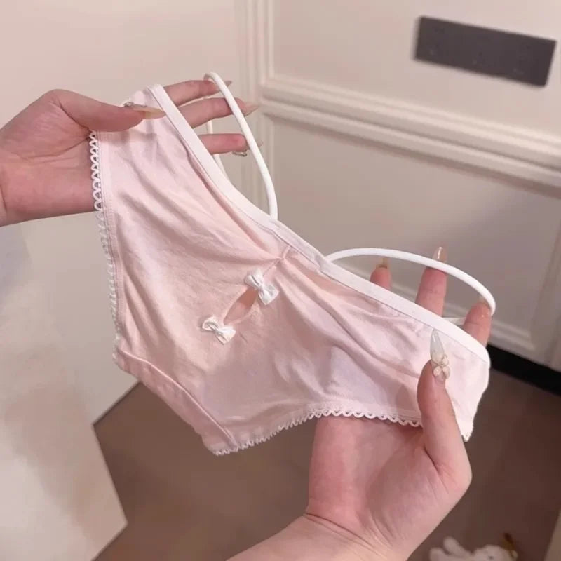 Women's Low Waist Breathable Pink Cute Cotton Panties Comfortable Student Briefs Sweet Bow Sexy Lace Underwear