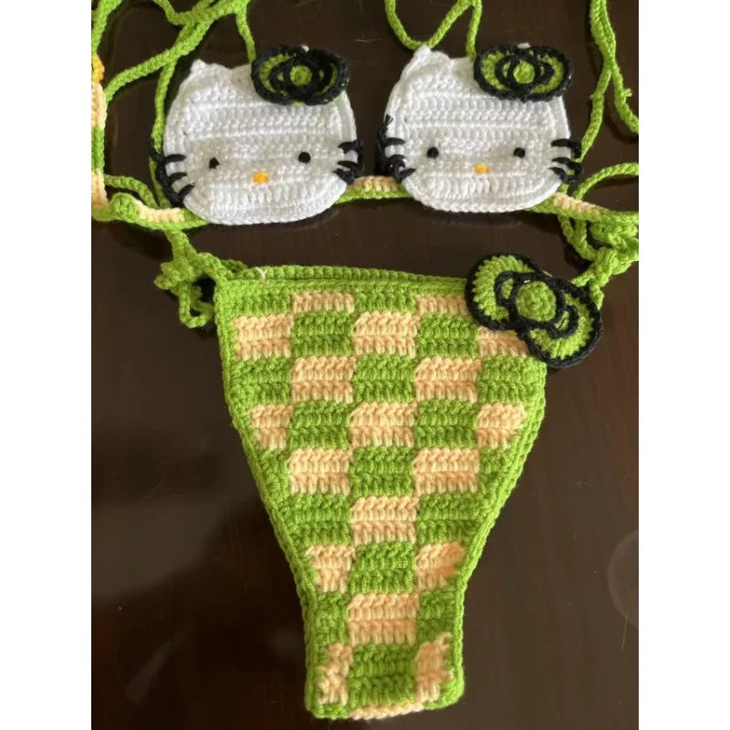 Sanrio Cute Bikini Set Crochet Girls Swimsuit Hello Kitty Sexy Bathing Suit Kwaii Women Swim Suit Bandage Micro Bikinis Swimwear