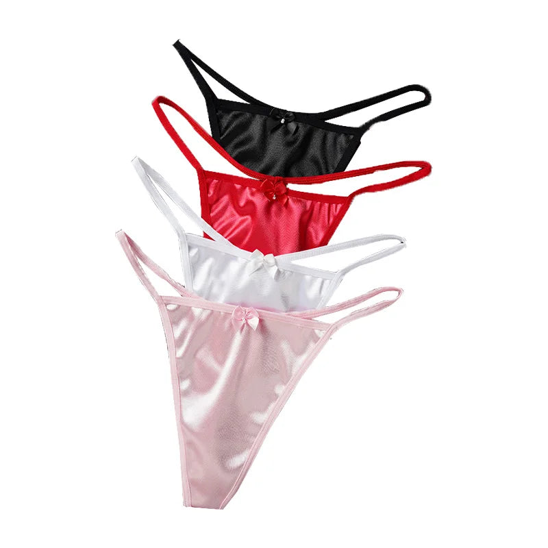 Women's Thong Satin Sexy Seamless Underwear Female Bow Low Waist One Thread G-string Pure Cotton Crotch T-back M-2XL