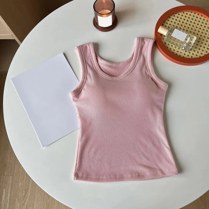Women Solid Basic T-shirts Summer Vest Bra Tops With Pad Streetwear Y2K Elastic Rib-Knit Sleeveless Casual Tank Tops Female