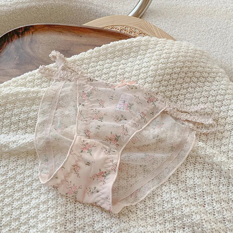 Women's panties Cross waistband Hipsters Low Rise Lace Strappy Panties Transparent Mesh Floral Pattern Sweet Bowknot Underwear B