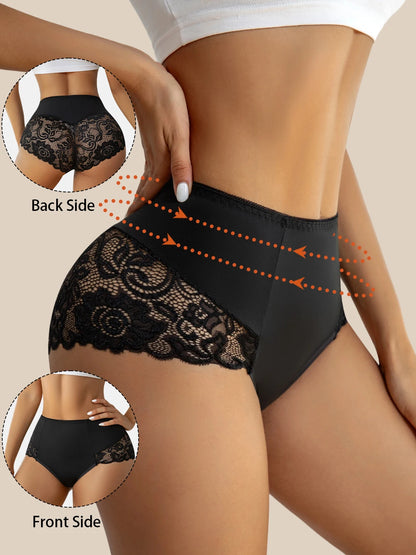 2PCS Black High Waist Women's Underwear Hollow Out Lace Floral Sexy Panties Solid Color Comfortable Briefs Lingerie S-XXL