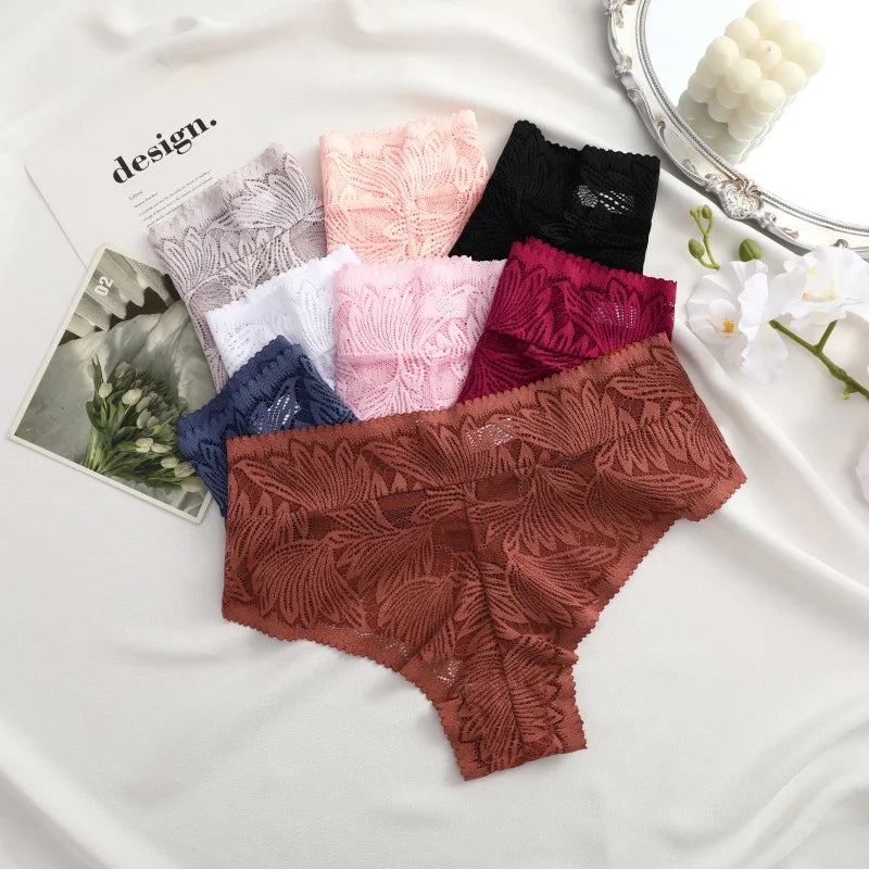 6pcs Women's Sexy Lace Breathable Panties Seamless High Waist Transparent G-String Solid Color Hollow Breathable Underwear S-XXL