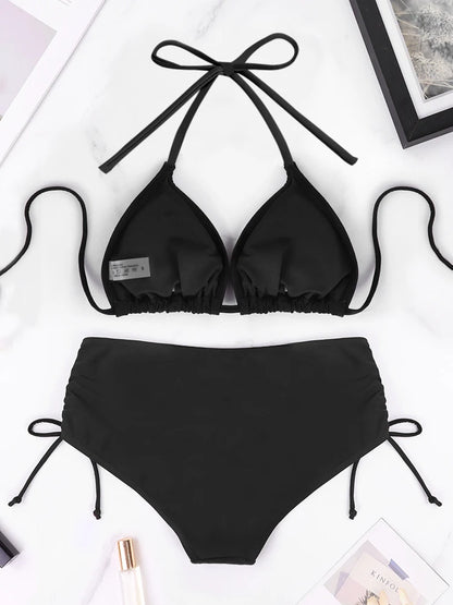 2 Pcs/Set Women's Bikini Split Set Summer Leisure Vacation Style Hanging Neck Bareback Strap Bikini Set Beach Women's Swimsuit