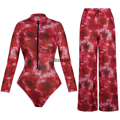 Riseado Mesh Swimsuit with Long Pants & Swimdress Long Sleeve Mesh Beachwear Sexy High Waist Bathing Suit Smart Beach Clothing
