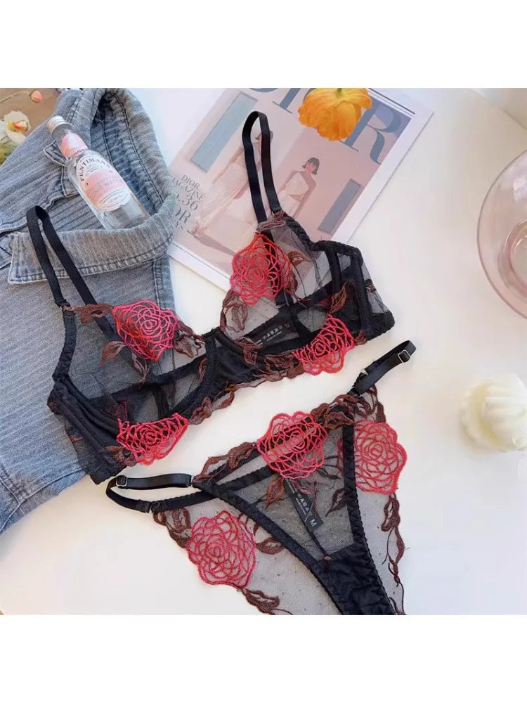 YUQI French Romantic Lace Underwire Minimizer Bra Sexy Sheer Tulle Luxury Lingerie Set Full Bust Support Modern Elegant & Women