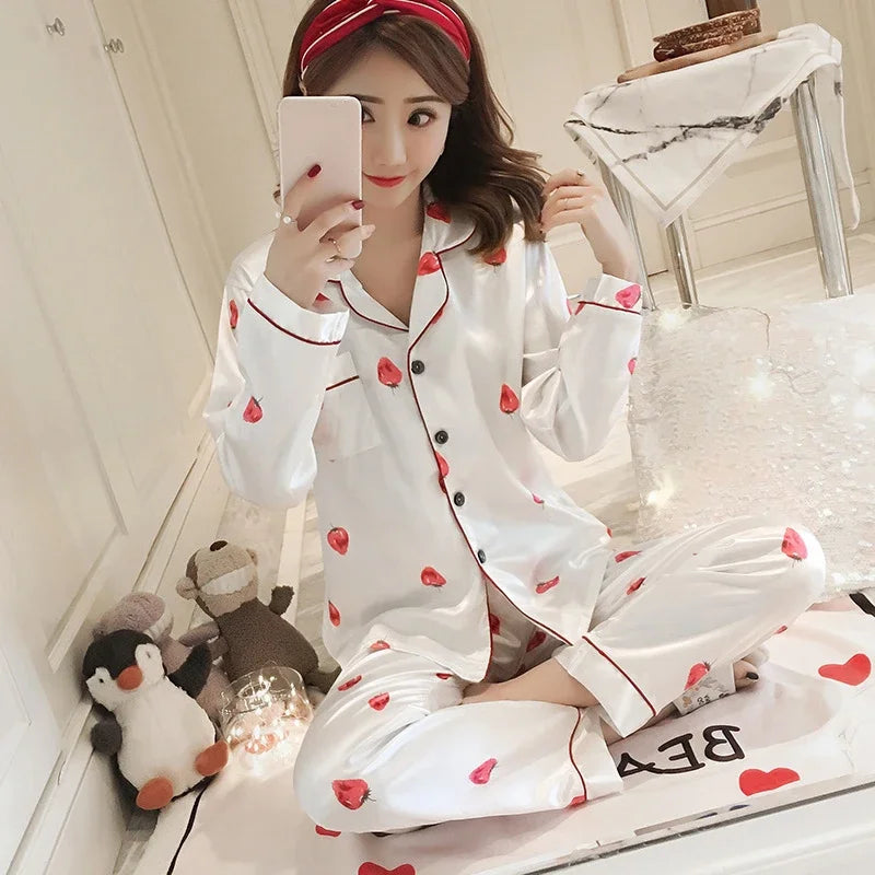 Satin Silk Pajamas Set for Women Cartoon Print Turn-down Collar Short Sleeve Top+Long Pants Matching Sets Homewear Plus Size 5XL