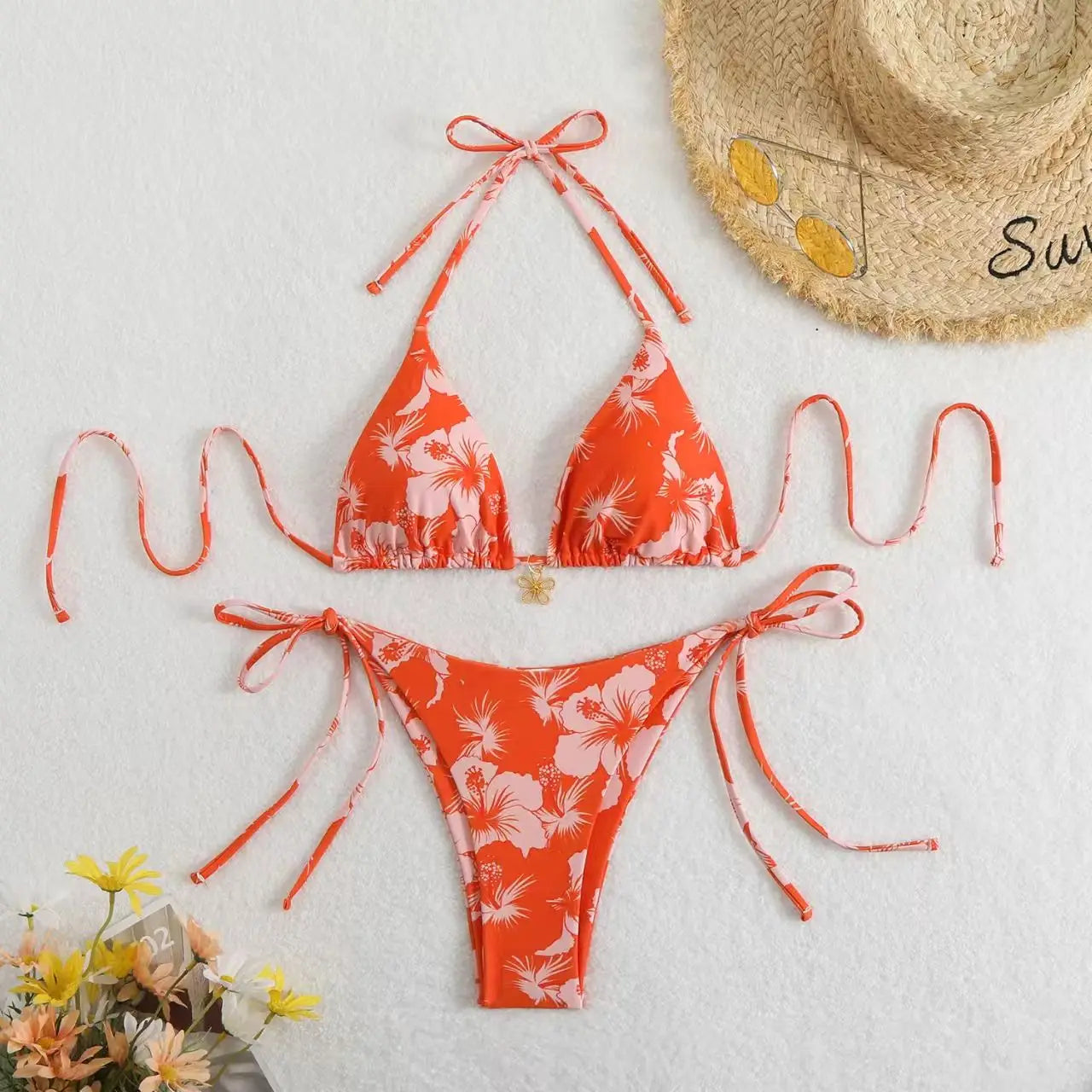 2026 Y2k Summer Cute Pink Sweet Patchwork Sets Cute Bow Design Sexy Lace-up Style Casual Bikini Swimsuit Beach Vaction Clothes