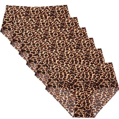 6pcs Women's Seamless Ice Silk Panties Female Mid Waist Plus Size Leopard Print Underwear Girls Fashion Brief Lady Comfort Panty