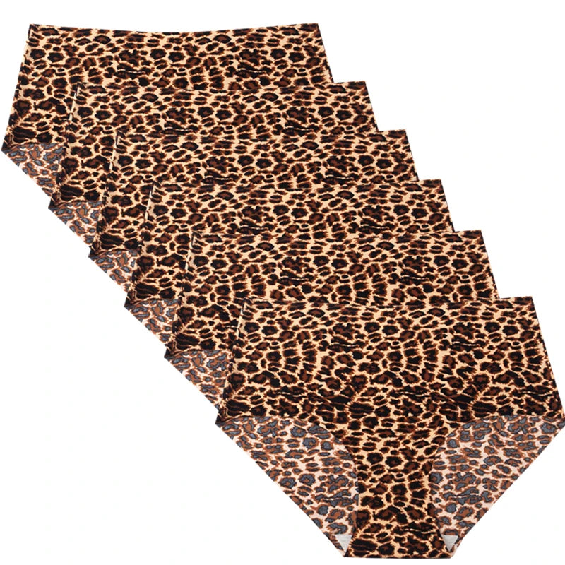 6pcs Women's Seamless Ice Silk Panties Female Mid Waist Plus Size Leopard Print Underwear Girls Fashion Brief Lady Comfort Panty