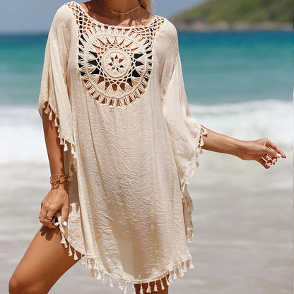 Holiday Knitting Crochet Beach Short Cover Ups Dress Splicing Solid Color Beachwear Small Tassel Sunscreen Sexy Beach Smock