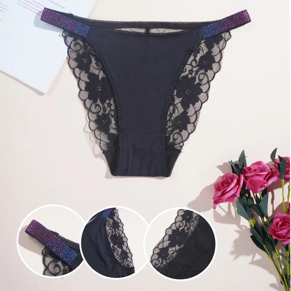 3PCS Sexy Women's Underwear Semi-transparent Hollow Out Lace Floral Panties Two Shiny Belts Underpants Female Briefs Lingerie