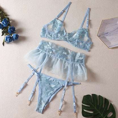 Yimunancy Lace Bra Set Women Transparent Mesh Patchwork Sexy Lingerie Set Floral Garter Brief Underwear Set