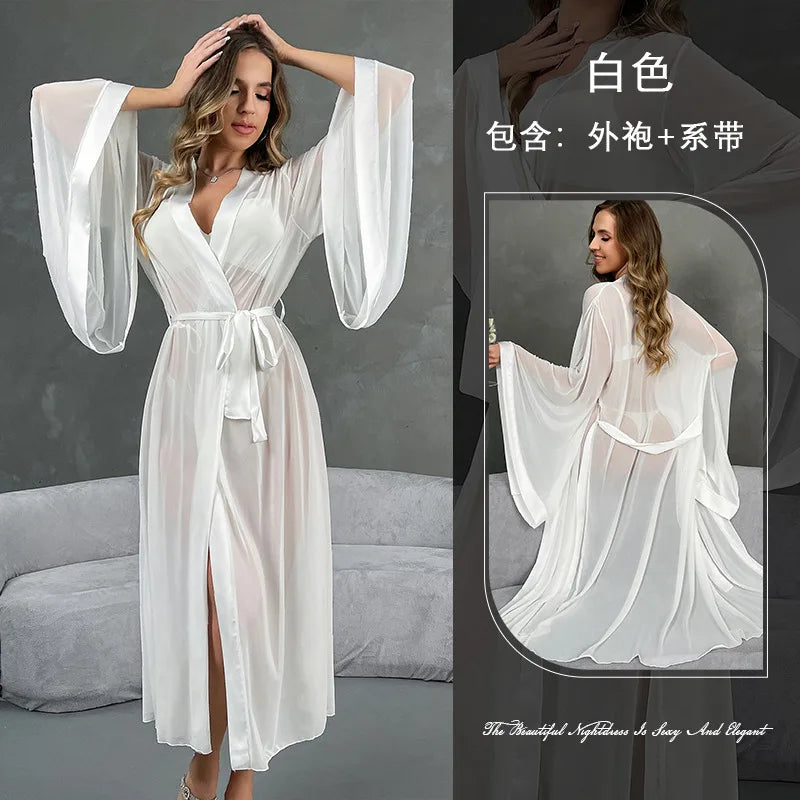 Female Sheer Shapewear Robes Fashion Long Sleeve Thin Lingerie Women Lace Up Long Sexy Mesh Robes