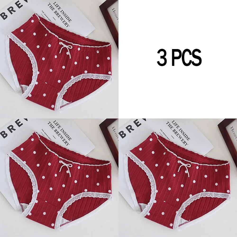 3pcs Cotton Women's Panties Sweet Cute Printed Student Mid-Waist Underwear Fashionable Breathable Girls Daily Briefs
