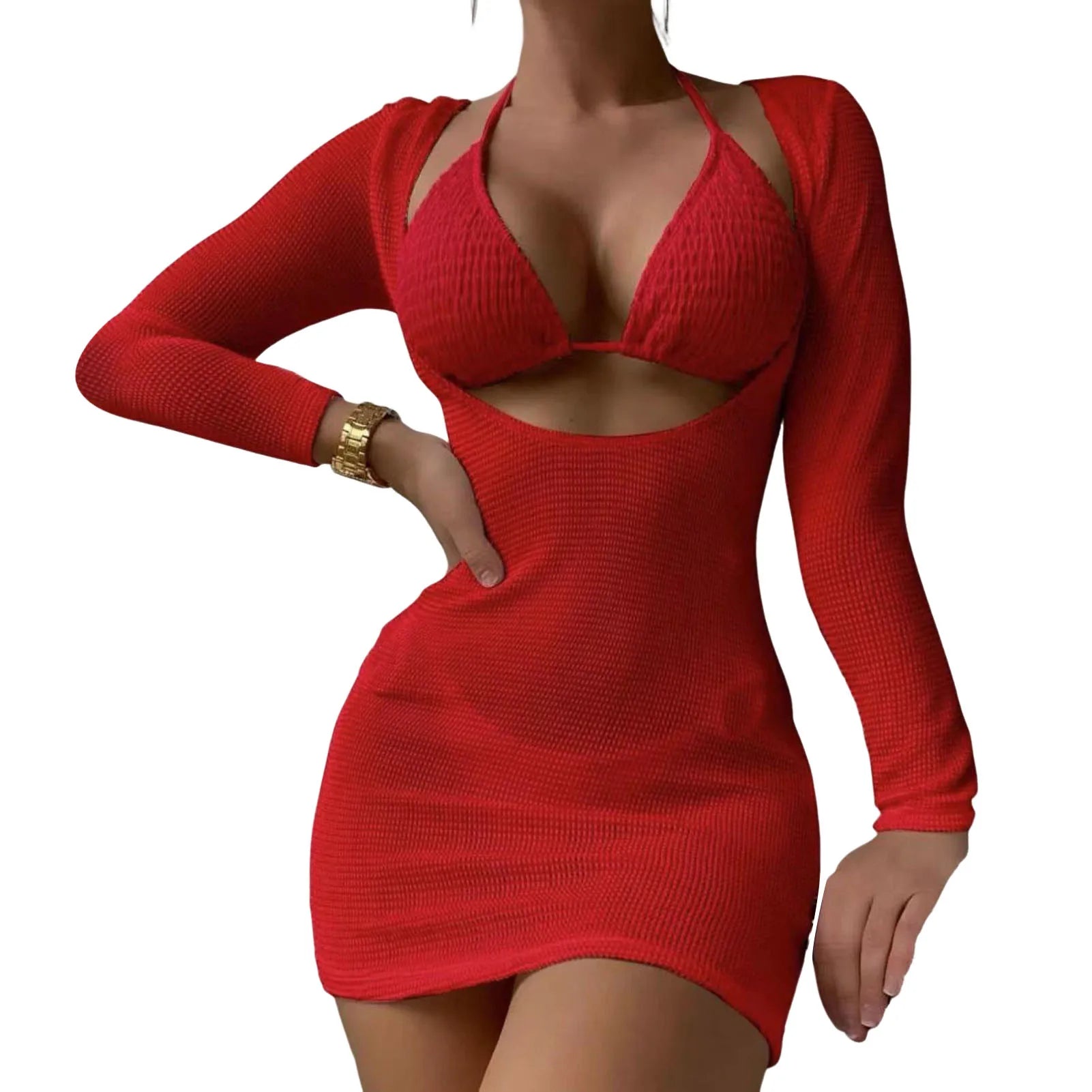 3Pcs/Set Women Bikini Set Halter Bra Lace-up Swimsuit Set With Mesh Yarn Cover Up Dress Solid Color Knitted Swimwear For Women