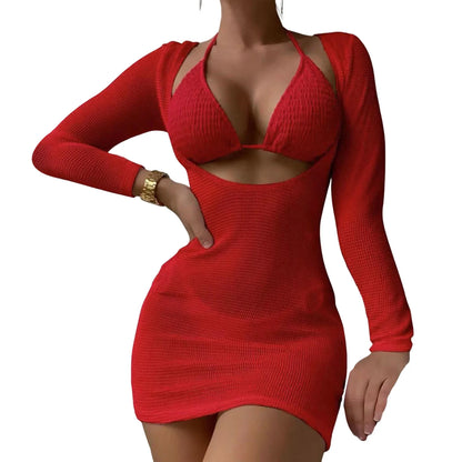 3Pcs/Set Women Bikini Set Halter Bra Lace-up Swimsuit Set With Mesh Yarn Cover Up Dress Solid Color Knitted Swimwear For Women