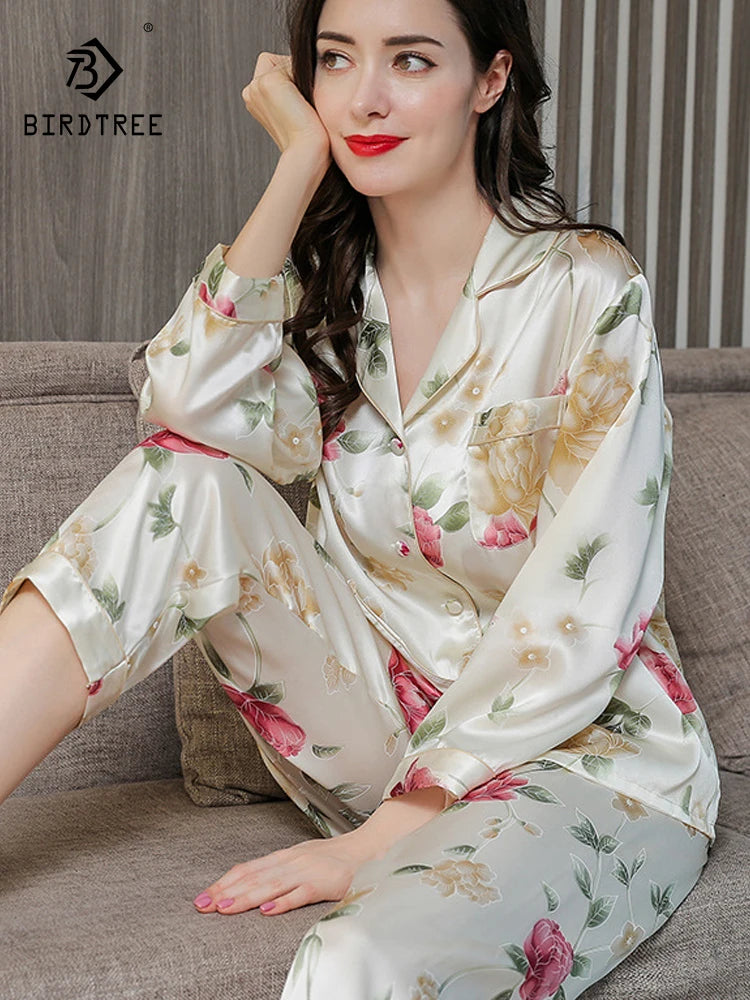 Birdtree Fall 16MM 100%Real Silk Pajama Set Women Satin Print Pyjama Pj Suit Long Sleeve Bedroom Sleepwear Set P36637QC